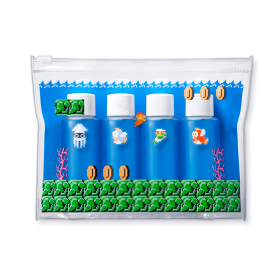 Super Mario Clear Pouch with Small Bottles Inside. 